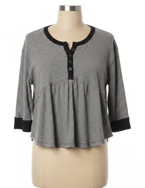 Free People Waffleknit Babydoll Henley Top Gray Black Boho Grunge Oversized M thumbnail 1