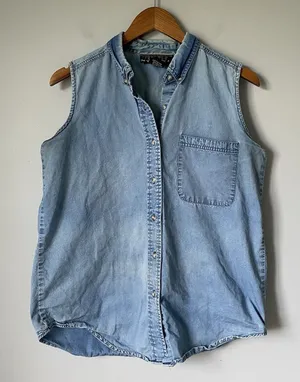 NY Line Vintage 1990's Blue Denim 100% Cotton Tank Top Collar Women Size Medium thumbnail 1