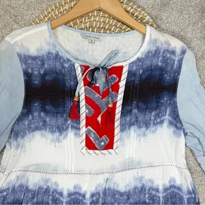 John Mark Ombre Tie Dye Tiered Blouse Tunic Peasant Tassel Artsy Bell Sleeve M thumbnail 5