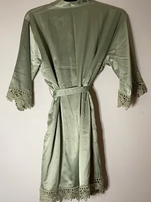 Handmade WOMENS Sage green Satin-Look Fabric short robe crochet lace detailed OSFM thumbnail 2