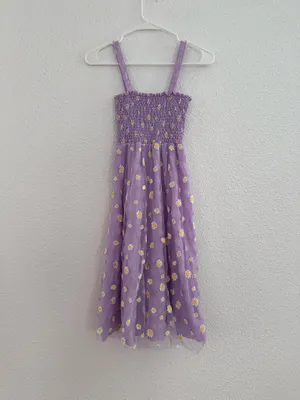 purple yellow daisy organza ruched summer sundress thumbnail 2