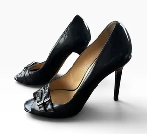 Jimmy Choo Peep Toe Pumps 39.5 Black Patent Leather Double Buckle Stiletto thumbnail 1