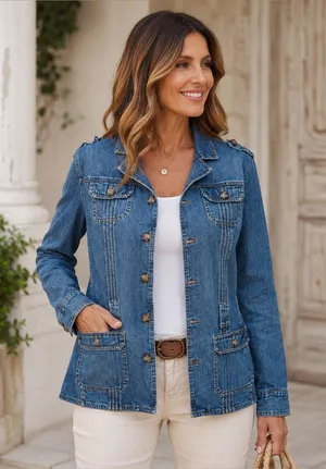 Sonoma Women’s Denim Utility Jacket Sz L Blue Cotton Button Front Boho Cottage thumbnail 1