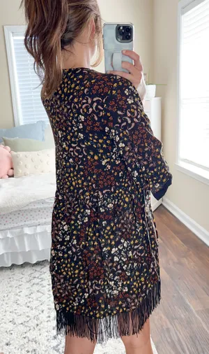 Maurice's Black Floral & Black Fringe Short Sleeve Kimono thumbnail 4