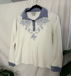 Vintage Embroidered Western Long Sleeve Polo Top White Size PS thumbnail 4