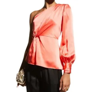 CINQ A SEPT NWT Stace Silk One Shoulder Blouse in‎ Coral Going Out Date Looks thumbnail 2