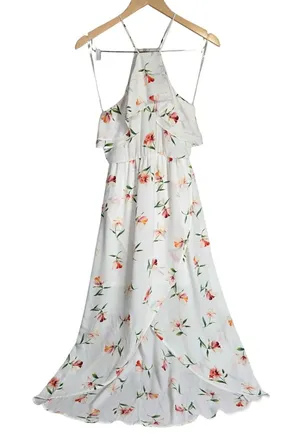 LUSH White Floral High Low Halter Maxi Dress Small DR95222P-006‎ Ruffle Neck thumbnail 1