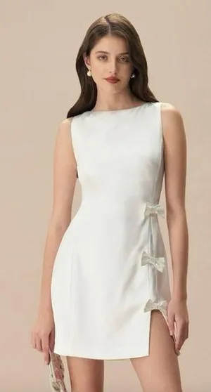 Rihoas White Satin Mini Dress Medium | Bow Detail Bridal Party NWT thumbnail 1