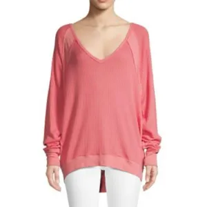 FREE PEOPLE Women's Large Santa Clara Oversized V Neck Thermal Sweater Top Pink thumbnail 13