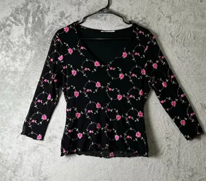 Vintage Y2K Black Pink Rose Floral Mesh V Neck Long Sleeve Top Fairy Grunge S thumbnail 1