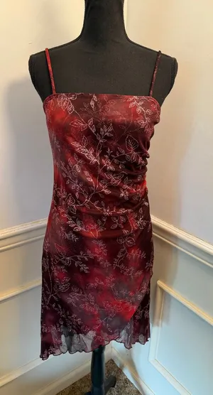 Vintage Y2K Candy Rocket Red Black Glitter Floral Asymmetrical Mesh Dress Whimsy thumbnail 1