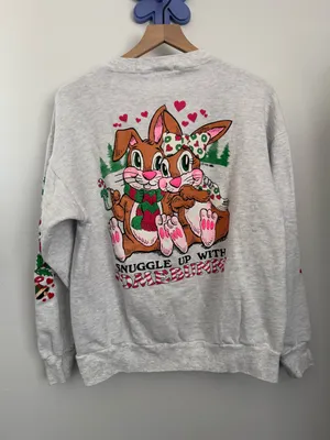 90s Vintage XL Christmas Holiday Sweatshirt Bunnies Coco Love Grey Crew Neck thumbnail 4