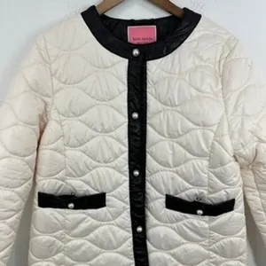 Kate Spade‎ Quilted Puffer Coat Jacket Ivory Black Trim Pearl Buttons Size L thumbnail 2