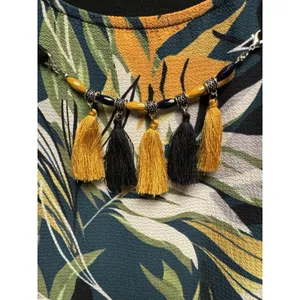 With Love Women's Tropical Leaf Green Yellow‎ Brown Tassel Necklace Blouse SZ L thumbnail 6
