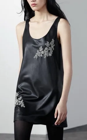 Zara black faux-leather silver beaded and embroidered floral appliqués thumbnail 1