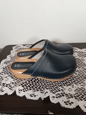 BJÖRK Blue Leather Clogs with Natural Wood Sole Swedish Comfort Womens 39 thumbnail 2