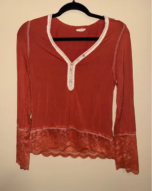 POL Womens Boho Lace Trim Henley Top Terracotta Orange Long Sleeve S Goblincore thumbnail 1