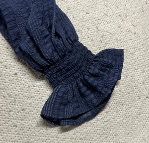 Navy Blue Textured Ruffle Semi Sheer Long Sleeve Blouse Size Medium EUC thumbnail 2