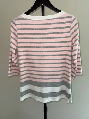 Tommy Hilfiger Pink and Grey Striped Boat Neck 3/4 Sleeve Top size-M thumbnail 3