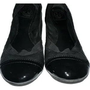 Tory Burch Black Leather Ballet Flats‎ with Patent Toe Size 9M thumbnail 1