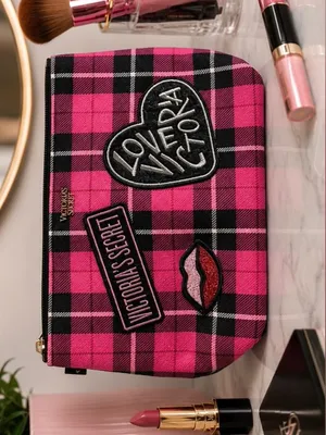 Victoria’s Secret Plaid Cosmetic Bag with Patches thumbnail 1