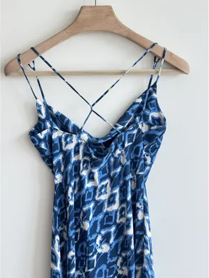 Zara Blue White Printed Cowl Neck Strappy Back Midi Slip Dress Size S thumbnail 5