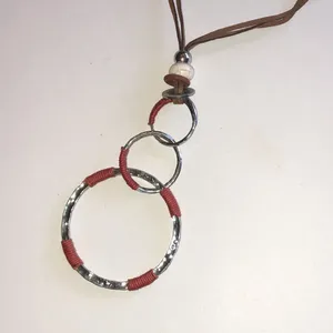 Silver Tone & Coral Red Triple Ring Boho Pendant Necklace thumbnail 4