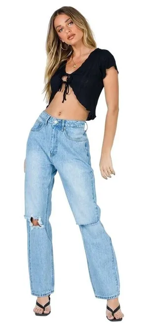Princess Polly Light Wash High Rise Distressed Straight Leg Jeans‎ Size 6 thumbnail 1