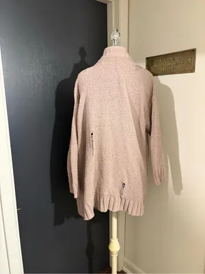 aerie Blush Mauve Open-Front Knit Chenille Cardigan with intentional distressing thumbnail 4