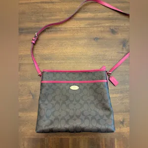 Coach File Crossbody Purse Signature Canvas Pink Gold Brown thumbnail 1