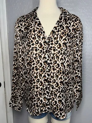 Quince Washable Stretch Silk Notch Collar Blouse, Leopard, M thumbnail 1