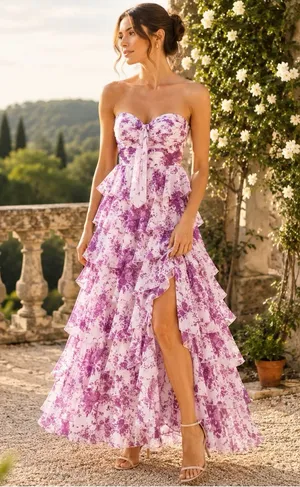 NWT STACEES Lilac Floral Wedding Guest Tiered Strapless Formal Dress Size 16 thumbnail 1