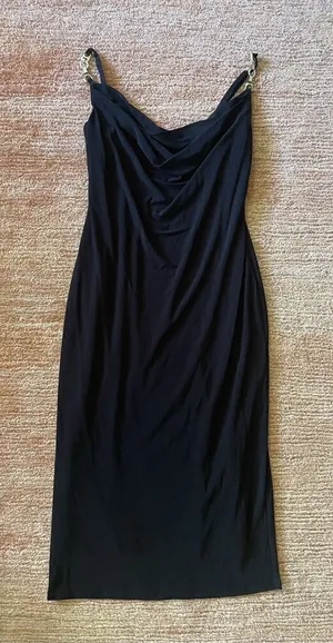 Black Cowl Neck Bodycon Dress with Rhinestone Chain Straps, Size S thumbnail 1