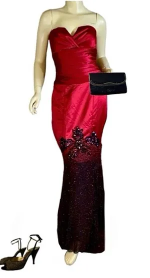Belsoie Red & Black Strapless Mermaid Style Satin Beaded Gown (6) thumbnail 1