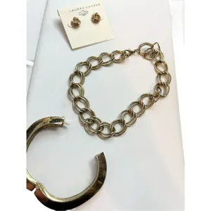 Gold toned jewelry set of 3 - lauren Conrad earrings, double ring link chain nec thumbnail 8