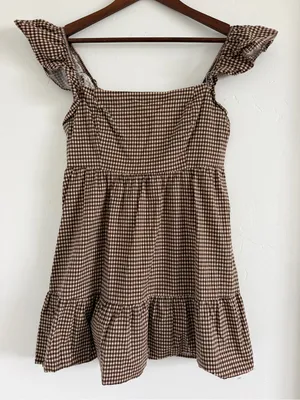 Reformation Jeune Dress Size 10 Brown White Gingham Ruffle Mini Dress thumbnail 2