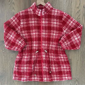 Anthropologie Vintage Collared Fleece Drawstring Waist Jacket Red White Plaid M thumbnail 1