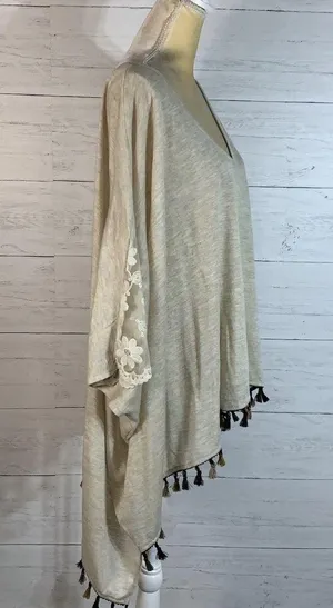 Knit lightweight poncho top lace detail fringe S/M oversized womens thumbnail 5