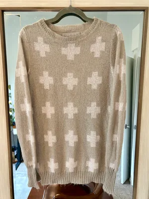 Womens MOHAIR CROSS PRINT SWEATER JUMPER Cream LONG SLEEVE Size MED thumbnail 1