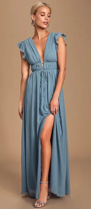 Lulus NWT Blue I'm All Yours Slate Blue Ruffled Maxi Dress thumbnail 1