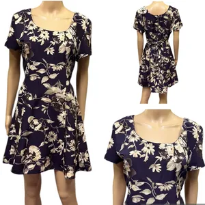 Vintage All That Jazz Plum Cream Floral Print Short Sleeve Zip Tie Back Dress M thumbnail 2