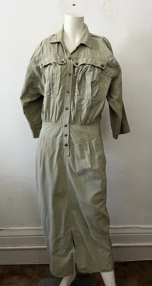 Vtg USA Utility Shirt Dress 10 Safari Minimalist Military Green Normcore Cotton thumbnail 1
