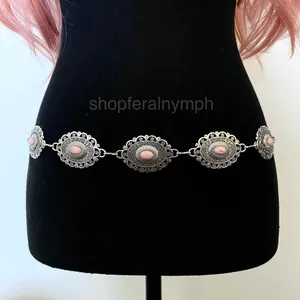 Silver Y2K Smudged Pink Stone Western Chain Belt, Fits 28-38 Inches, X7GA1379 thumbnail 3