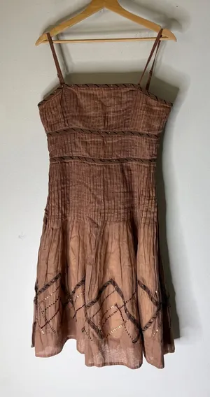 Elevenses Anthropologie Brown Cotton Pleated Sequin Midi Dress Womens 8 thumbnail 1