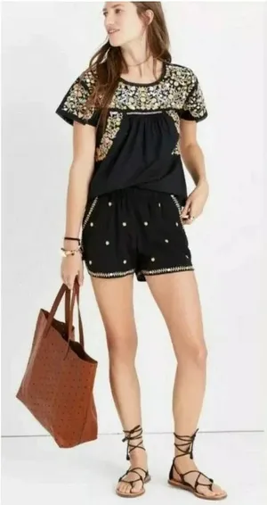 Madewell Women Embroidered Springtime Black Pull-On Shorts Small v6x thumbnail 1