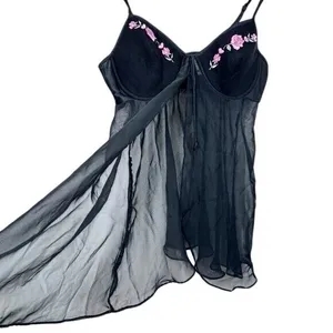 Gilligan & O'Malley Vintage Sheer Babydoll Dark‎ Fairy Lingerie Black Floral thumbnail 5