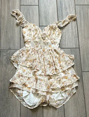 Angel Biba Floral Ruffle Jumpsuit in Cream and Brown thumbnail 1