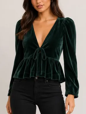 Anthropologie Maeve Pine Green Velvet Babydoll V-Neck Long Sleeve Top thumbnail 10