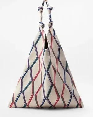 NWT ZARA Geometric Pattern Ecru‎ Large Beach Tote Bag Minimalist Artsy Japandi thumbnail 1