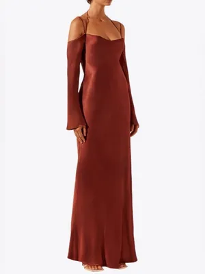 Shona Joy Lino Off Shoulder Tie Maxi‎ Dress Mahogany thumbnail 8